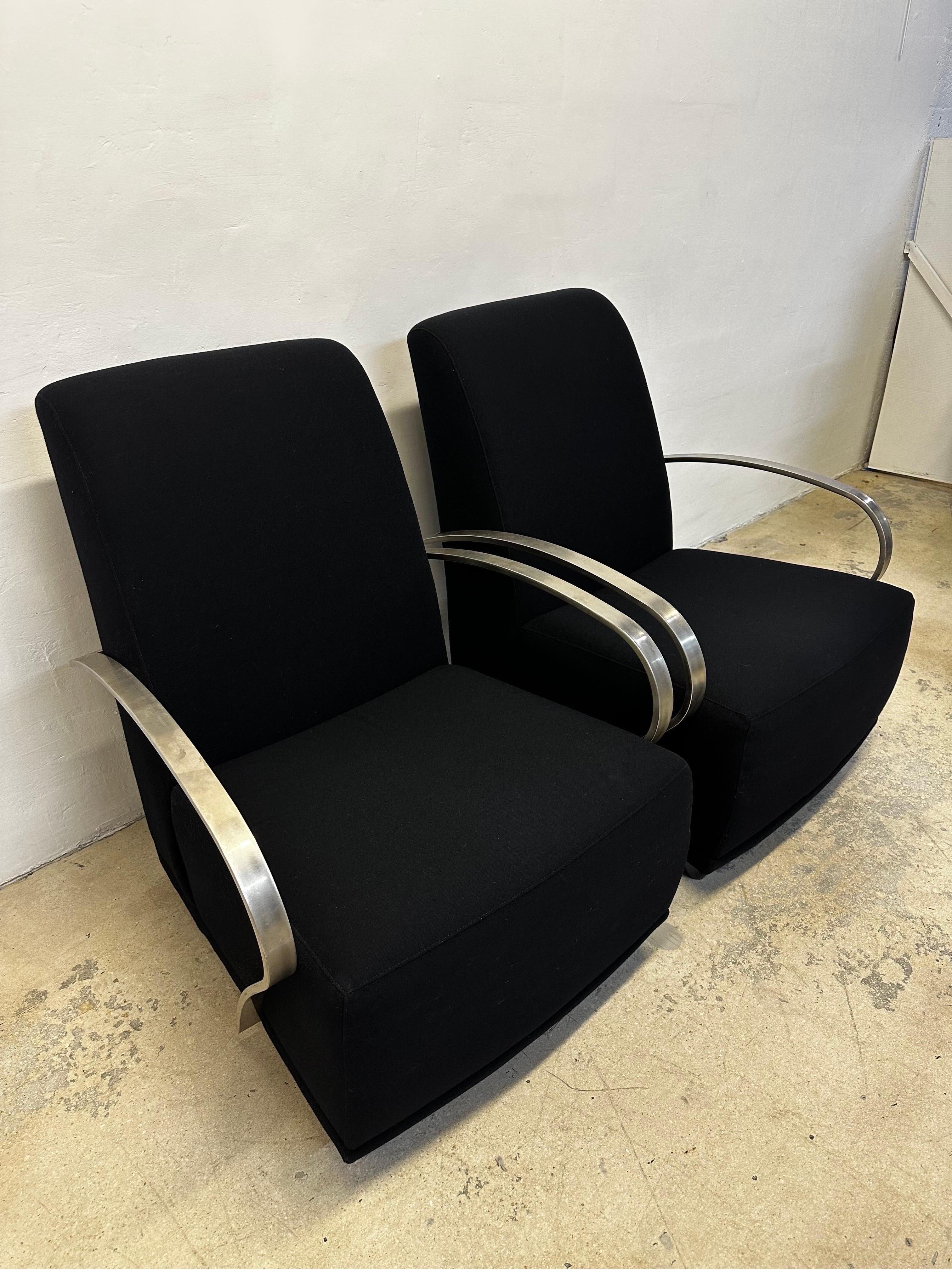 Art Deco Revival Black Lounge Chairs With Steel Arms by Directional - a Pair In Good Condition For Sale In Miami, FL