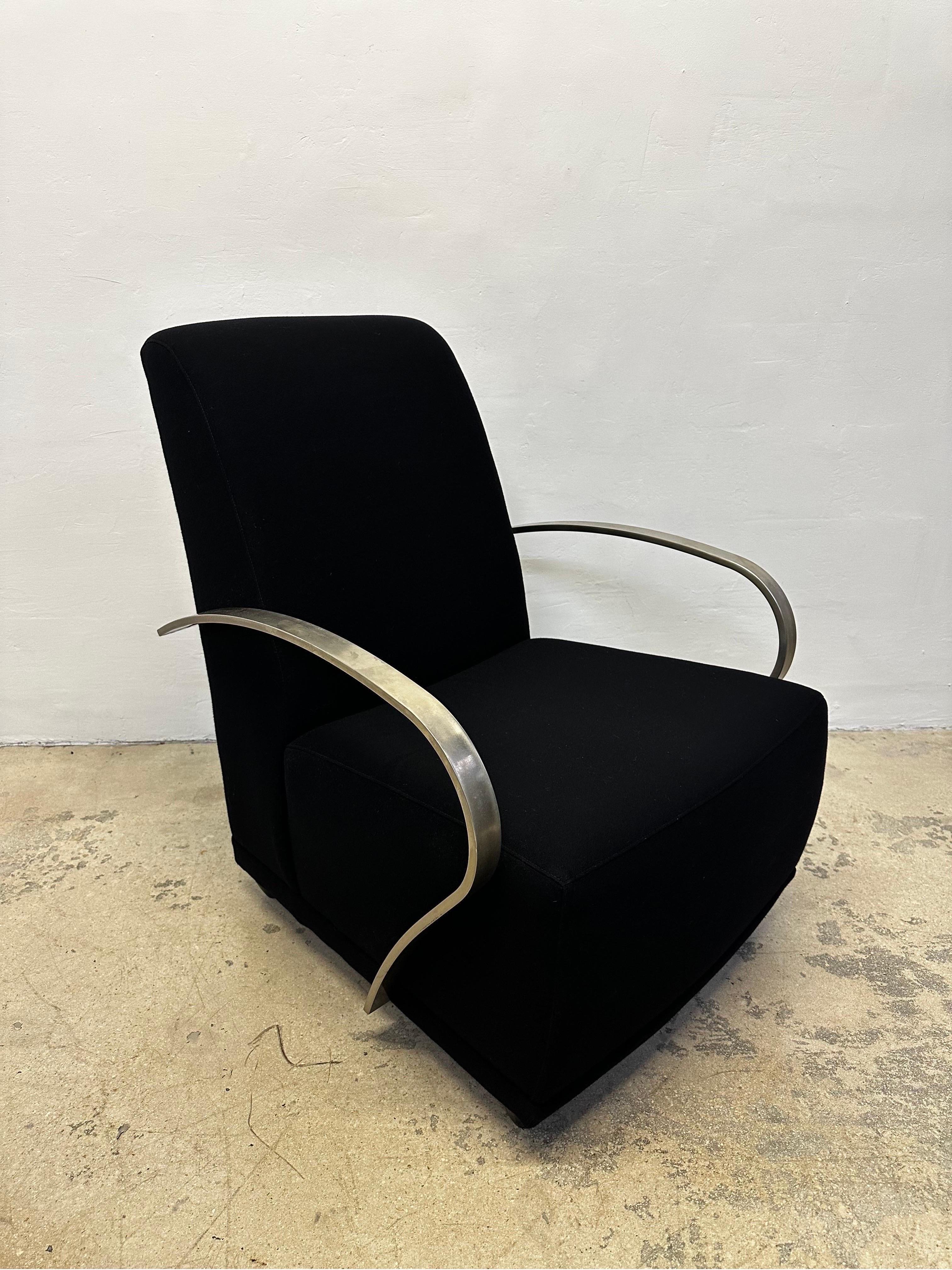 20th Century Art Deco Revival Black Lounge Chairs With Steel Arms by Directional - a Pair For Sale