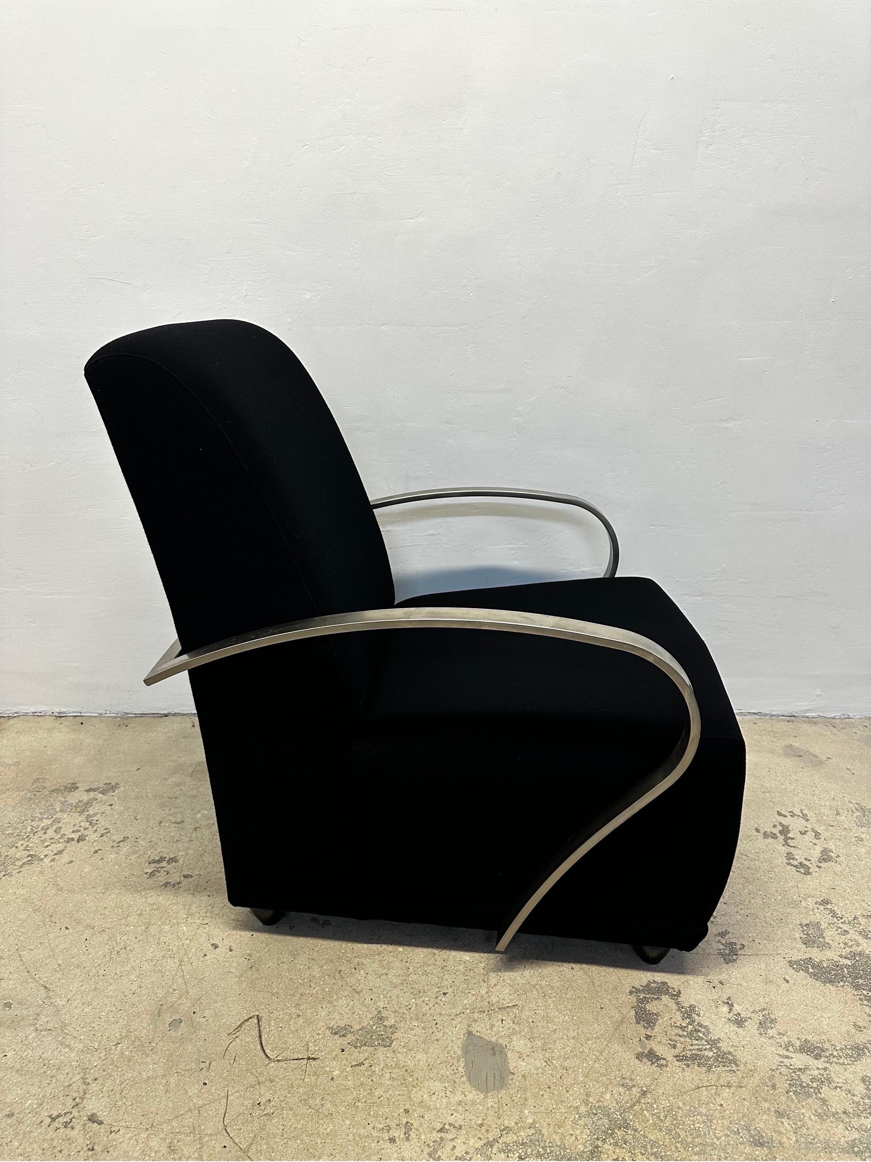 Metal Art Deco Revival Black Lounge Chairs With Steel Arms by Directional - a Pair For Sale