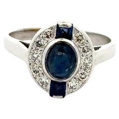Art Deco Revival Blue Sapphire and Diamond Gold Solitaire Cocktail Ring