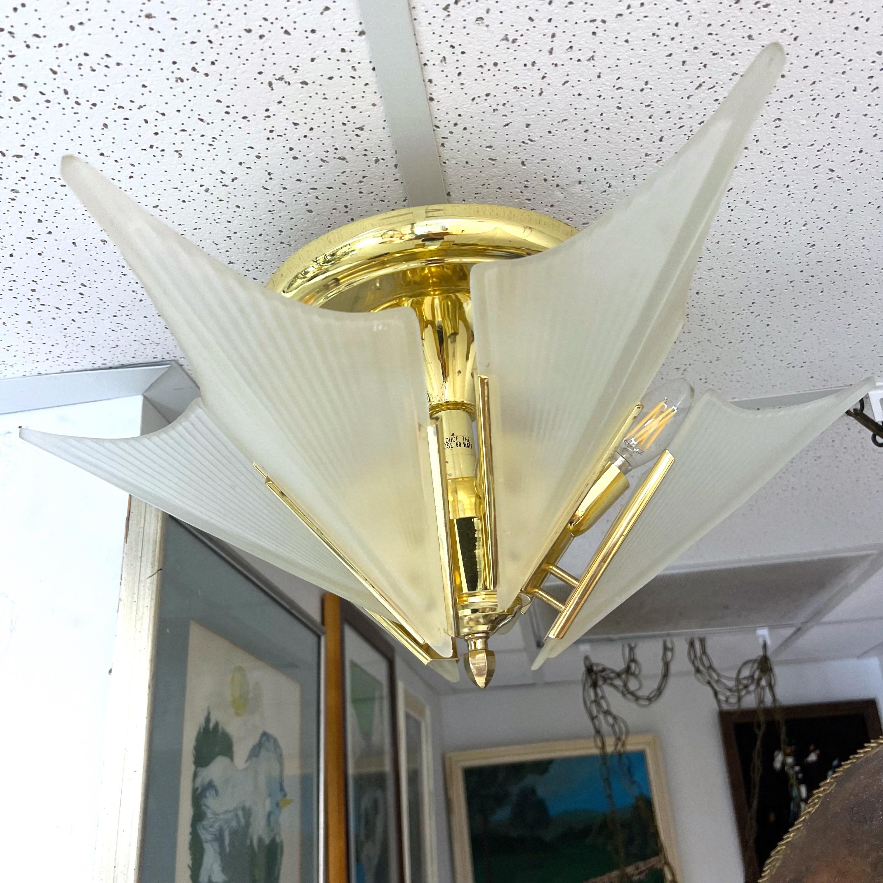 Art Deco Revival Brass and Glass Flush Mount In Good Condition For Sale In Charleston, SC