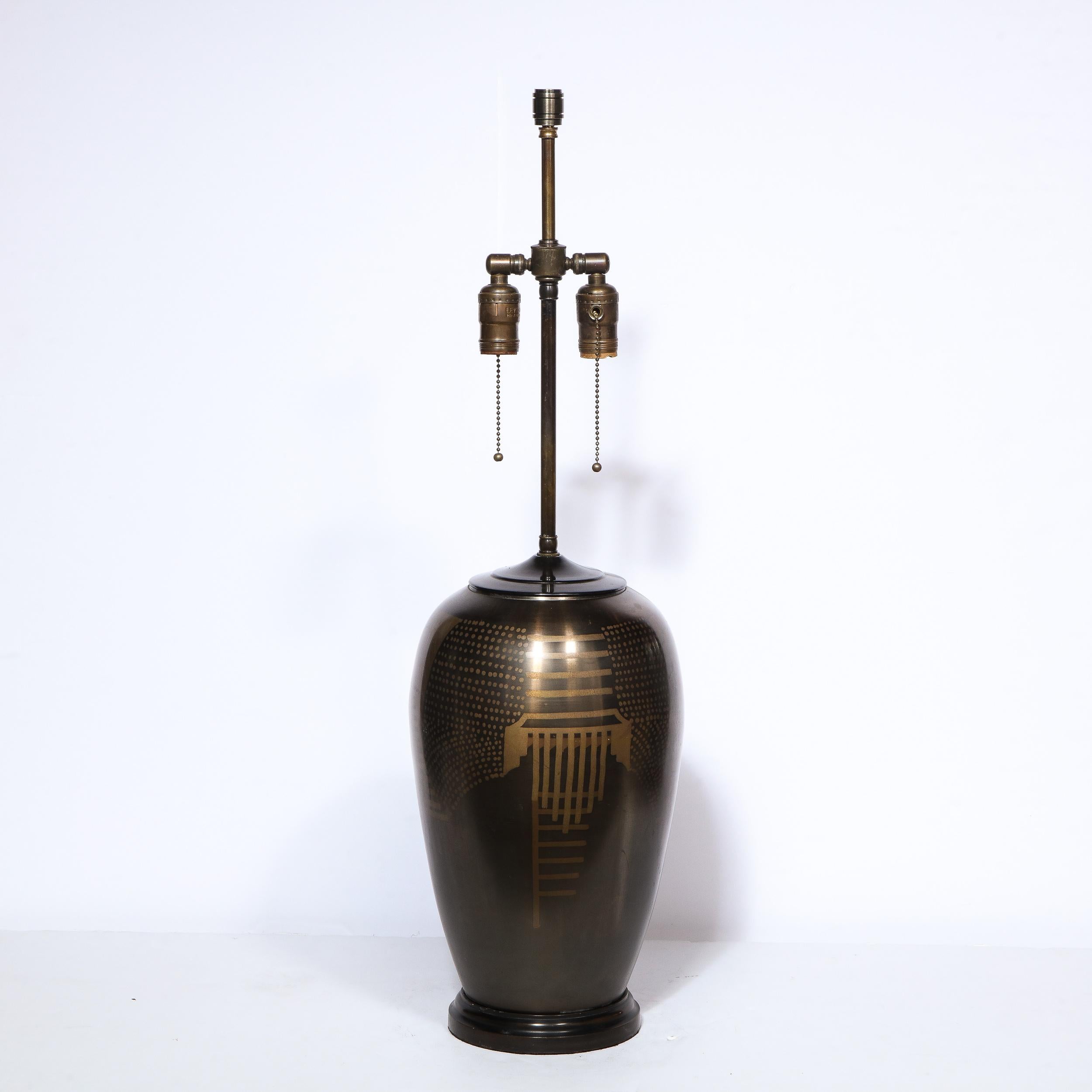American Art Deco Revival Bronze Table Lamp with Handpainted Gold Cubist Motifs