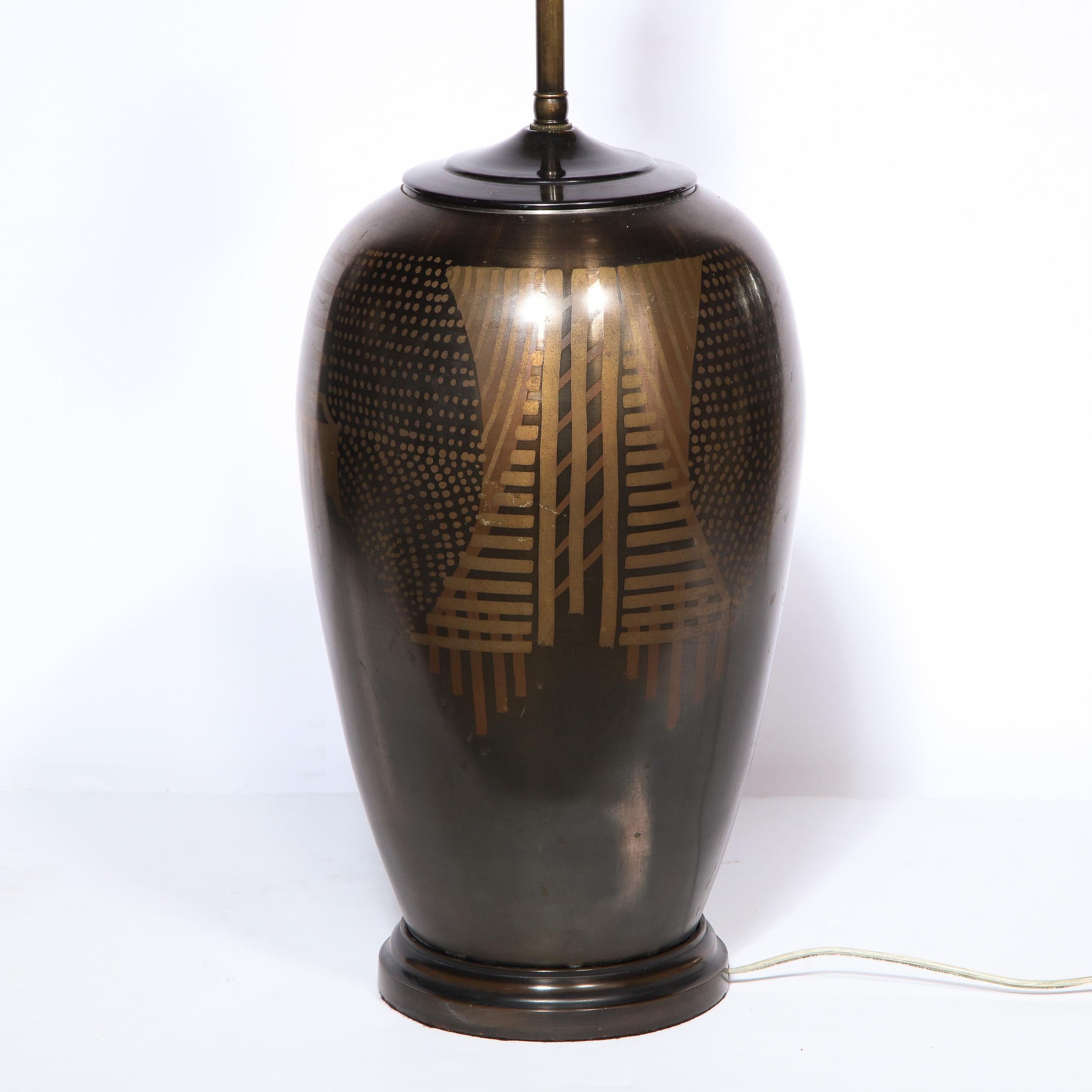Art Deco Revival Bronze Table Lamp with Handpainted Gold Cubist Motifs 1
