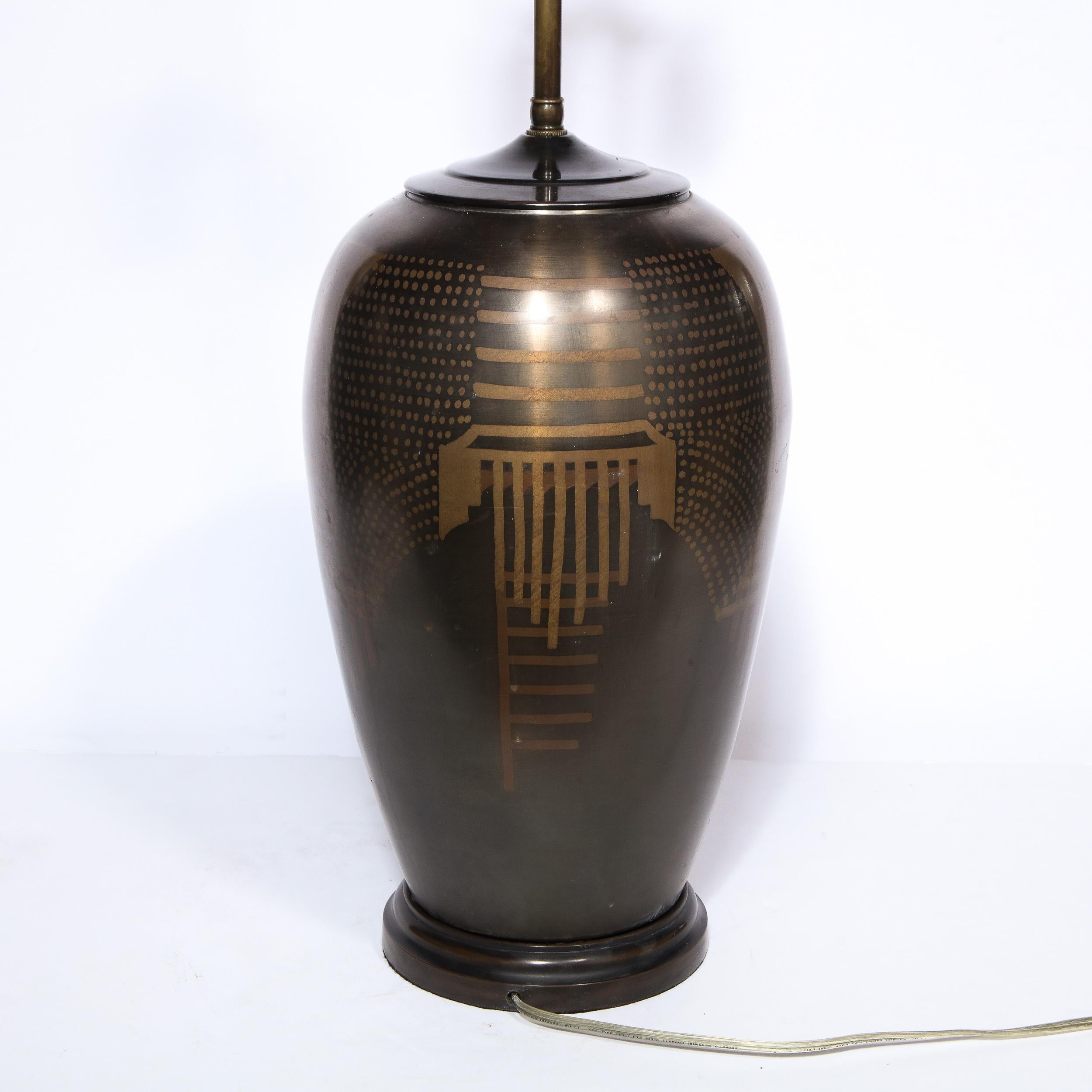 Art Deco Revival Bronze Table Lamp with Handpainted Gold Cubist Motifs 3