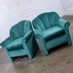 Art Deco Revival Channeled Fan Back Club Chairs w/Teal Chenille Fabric a Pair
