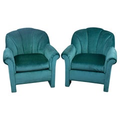 Art Deco Revival Channeled Fan Back Club Chairs w/Teal Chenille Fabric a Pair