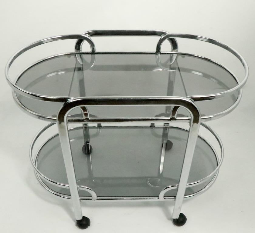 Mid-Century Modern Art Deco Revival Chrome and Tinted Glass Serving Bar Cart