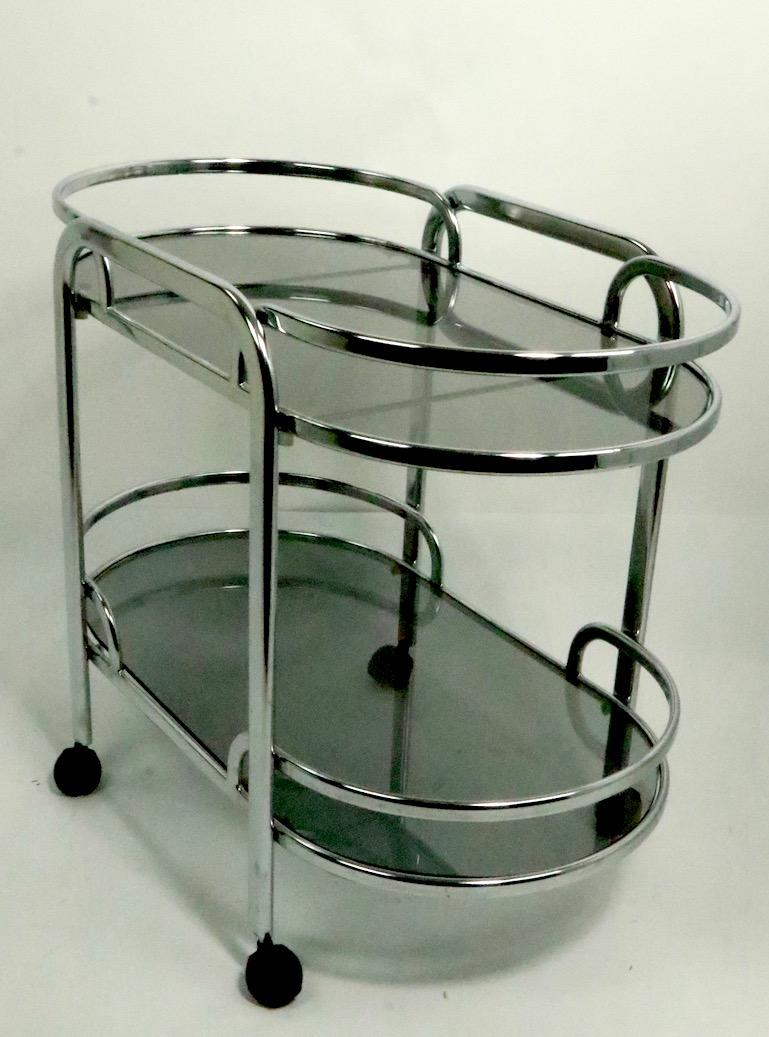 American Art Deco Revival Chrome and Tinted Glass Serving Bar Cart