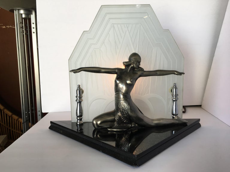 Art Deco Revival Chrome Art Deco Cleopatra Lamp with Etched Glass Shade at  1stDibs
