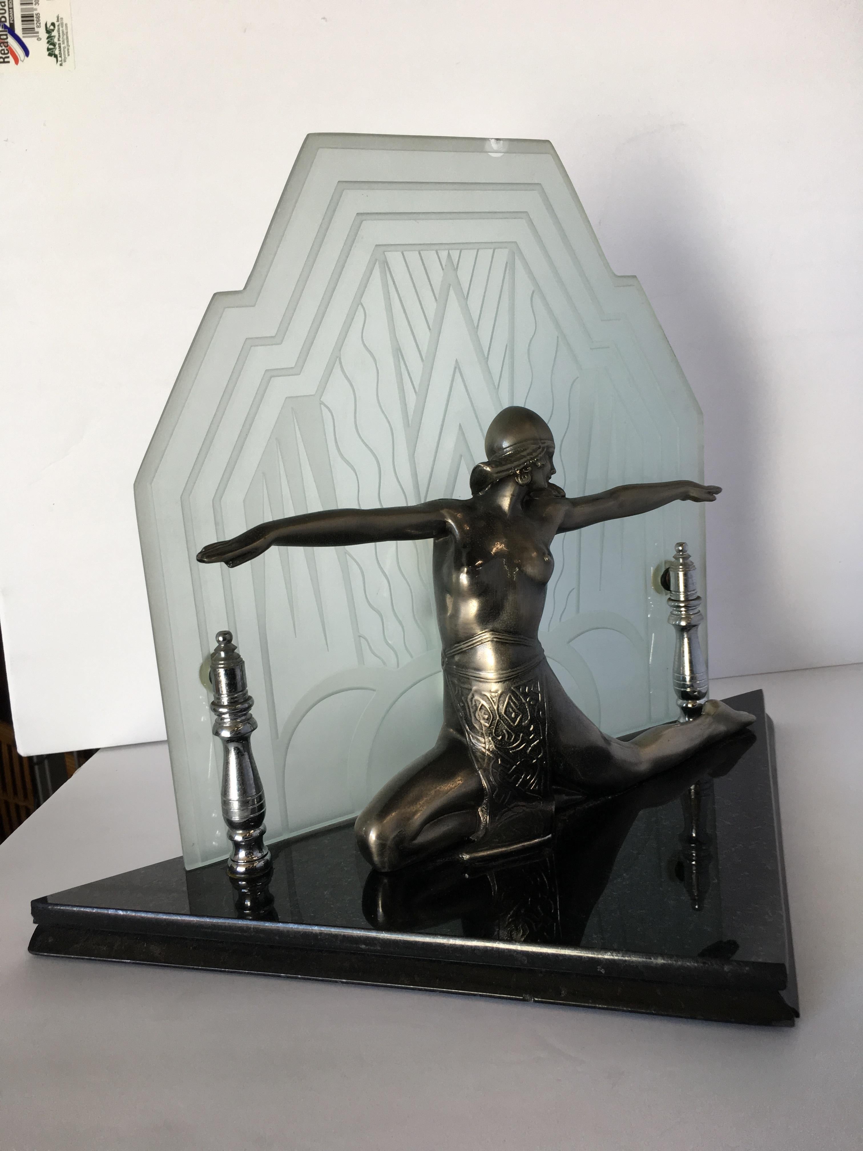 Art Deco Revival Chrome Art Deco Cleopatra Lamp with Etched Glass Shade 1