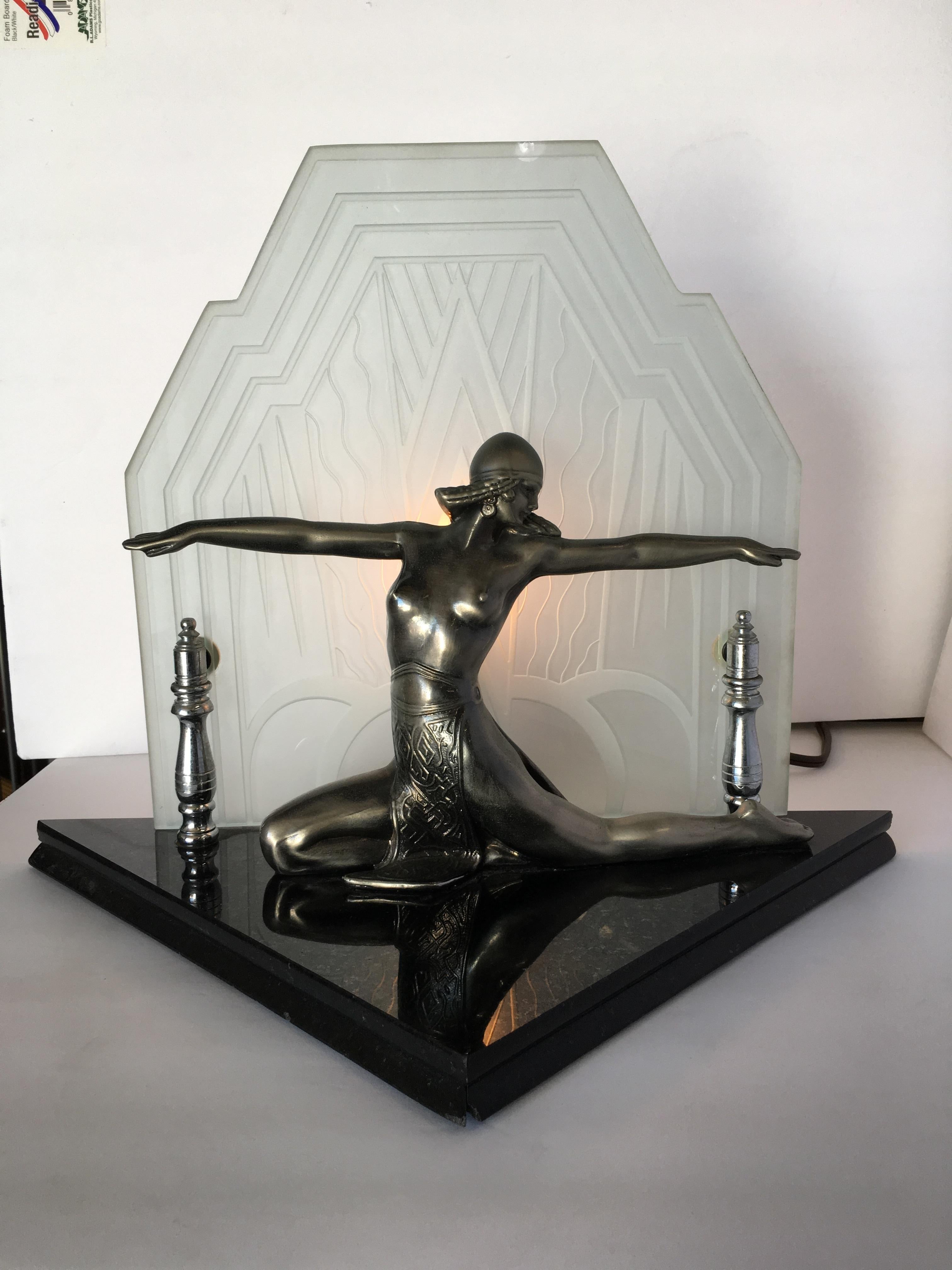 Art Deco Revival Chrome Art Deco Cleopatra Lamp with Etched Glass Shade 4