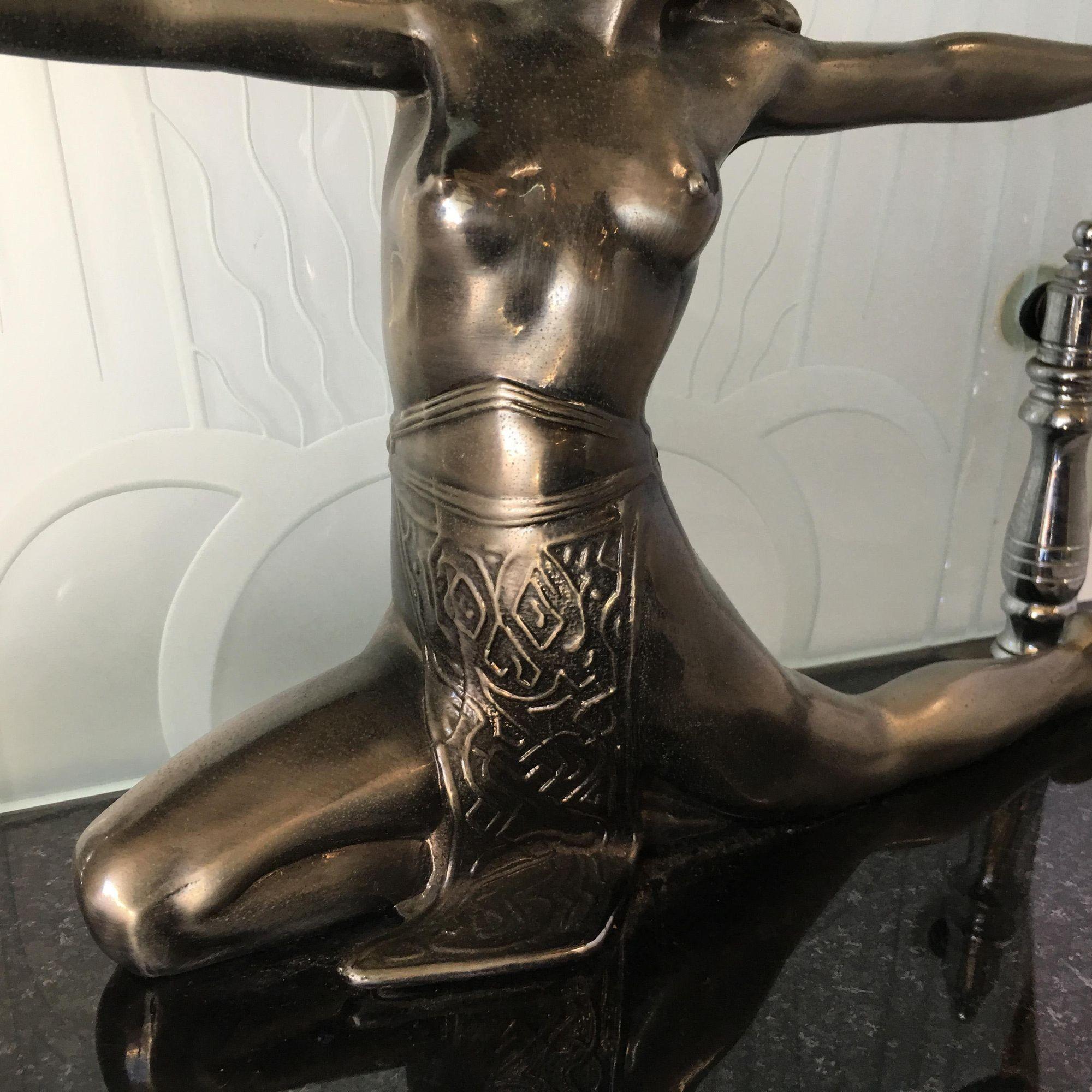 Art Deco Revival Chrome Art Deco Cleopatra Lamp with Etched Glass Shade For Sale 5