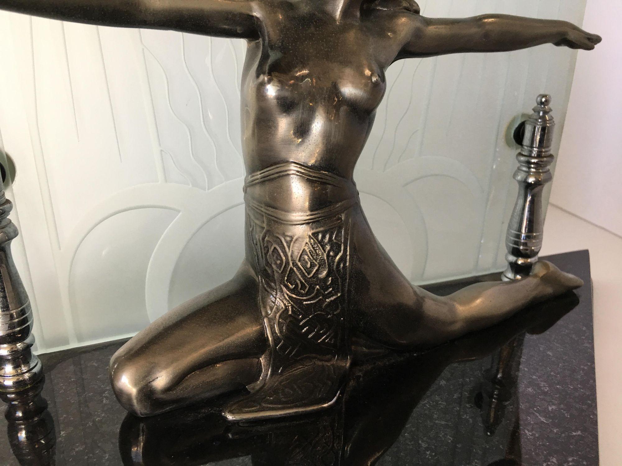 Art Deco Revival Chrome Art Deco Cleopatra Lamp with Etched Glass Shade For Sale 3