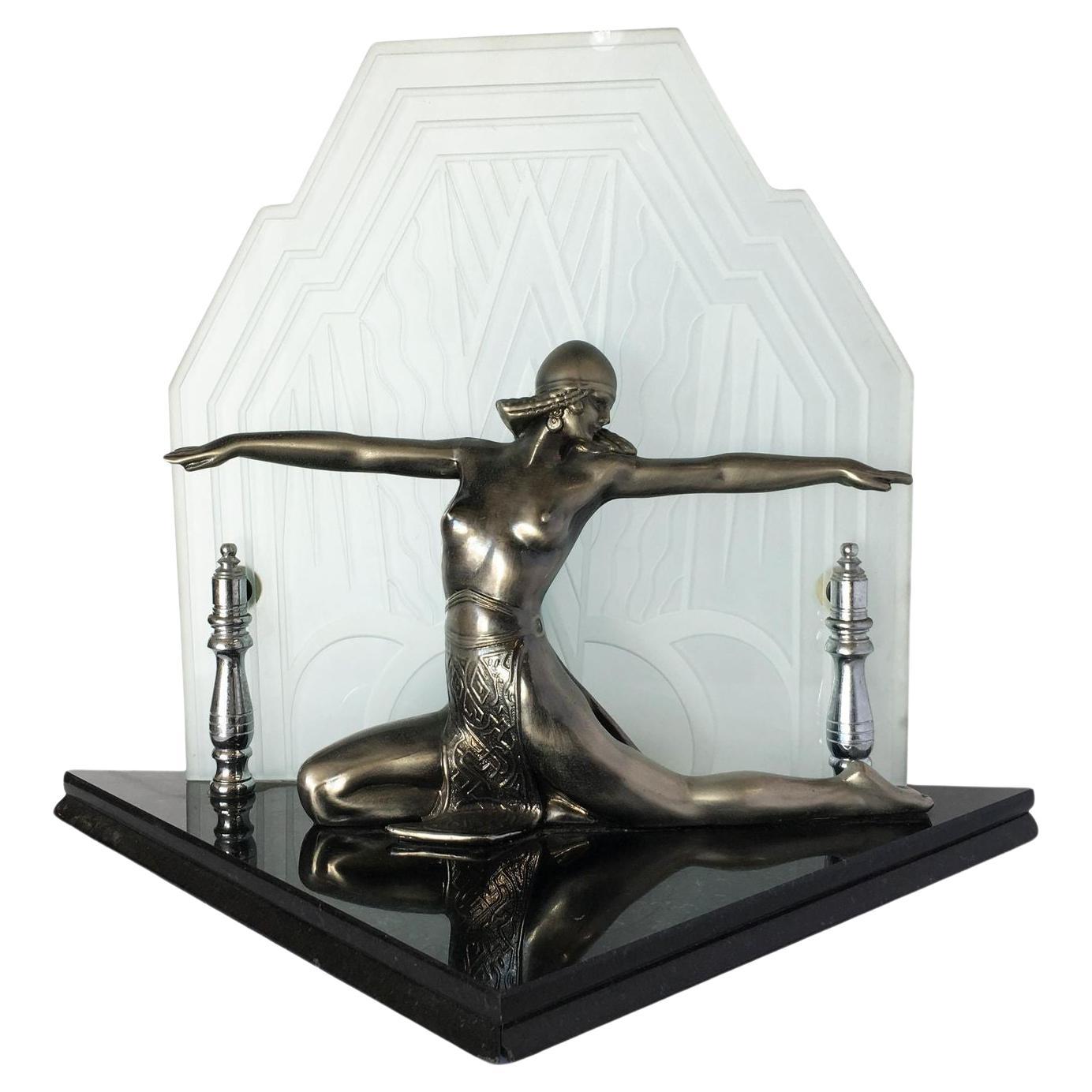 Art Deco Revival Chrome Art Deco Cleopatra Lamp with Etched Glass Shade For Sale