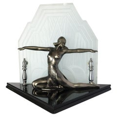 Art Deco Revival Chrome Art Deco Cleopatra Lamp with Etched Glass Shade