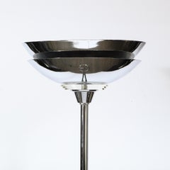 Art Deco Revival Chrome & Clear Vitrolite Torchiere W/ a Spiral Sculptural Base