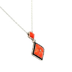 Art Deco Revival Coral Onyx and Diamond Vintage Platinum Mosaic Pendant Necklace