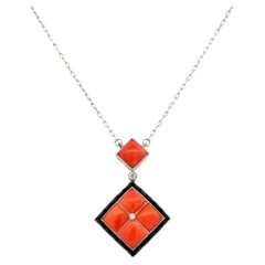 Art Deco Revival Coral Onyx and Diamond Vintage Platinum Mosaic Pendant Necklace
