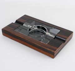 Art Deco Revival Crystal and Macassar Wood Cigar Ashtray, Catchall, Desk Tidy