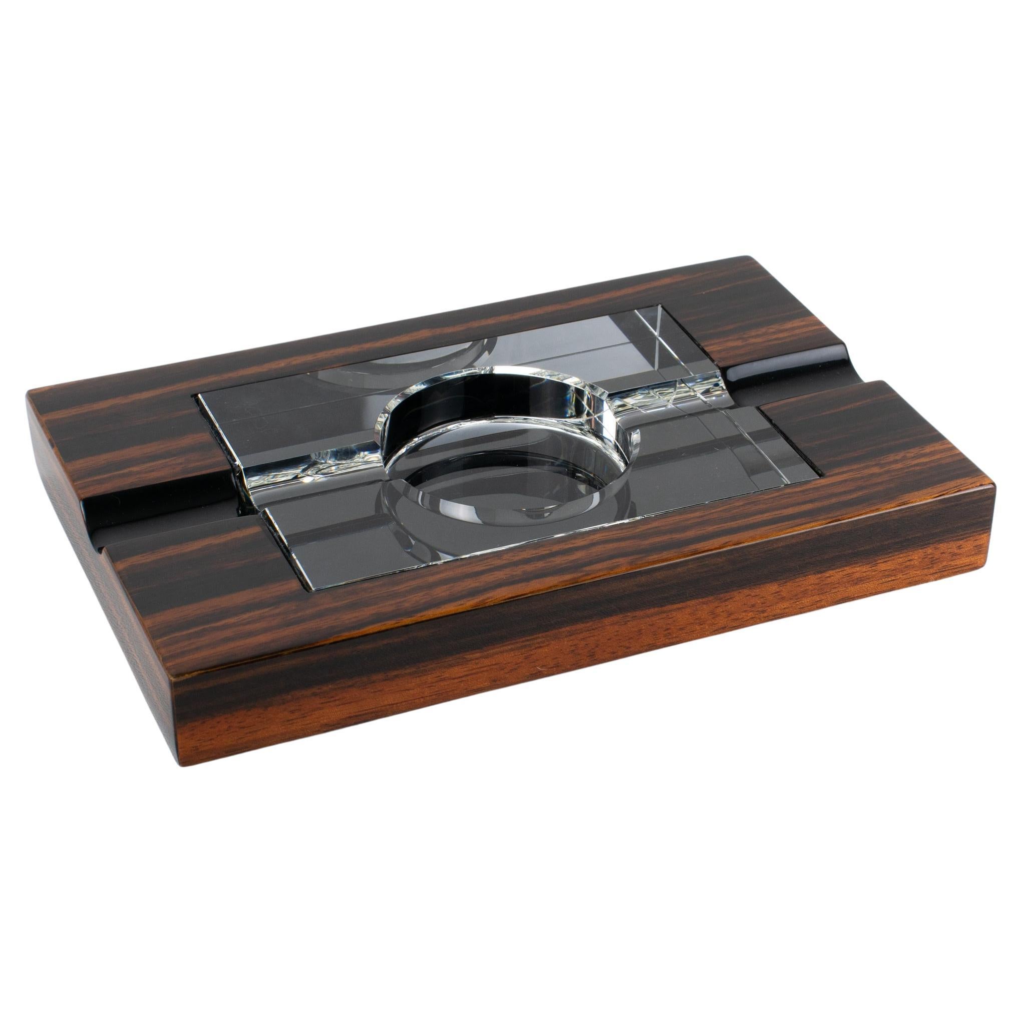 Art Deco Revival Crystal and Macassar Wood Cigar Ashtray, Catchall, Desk Tidy For Sale