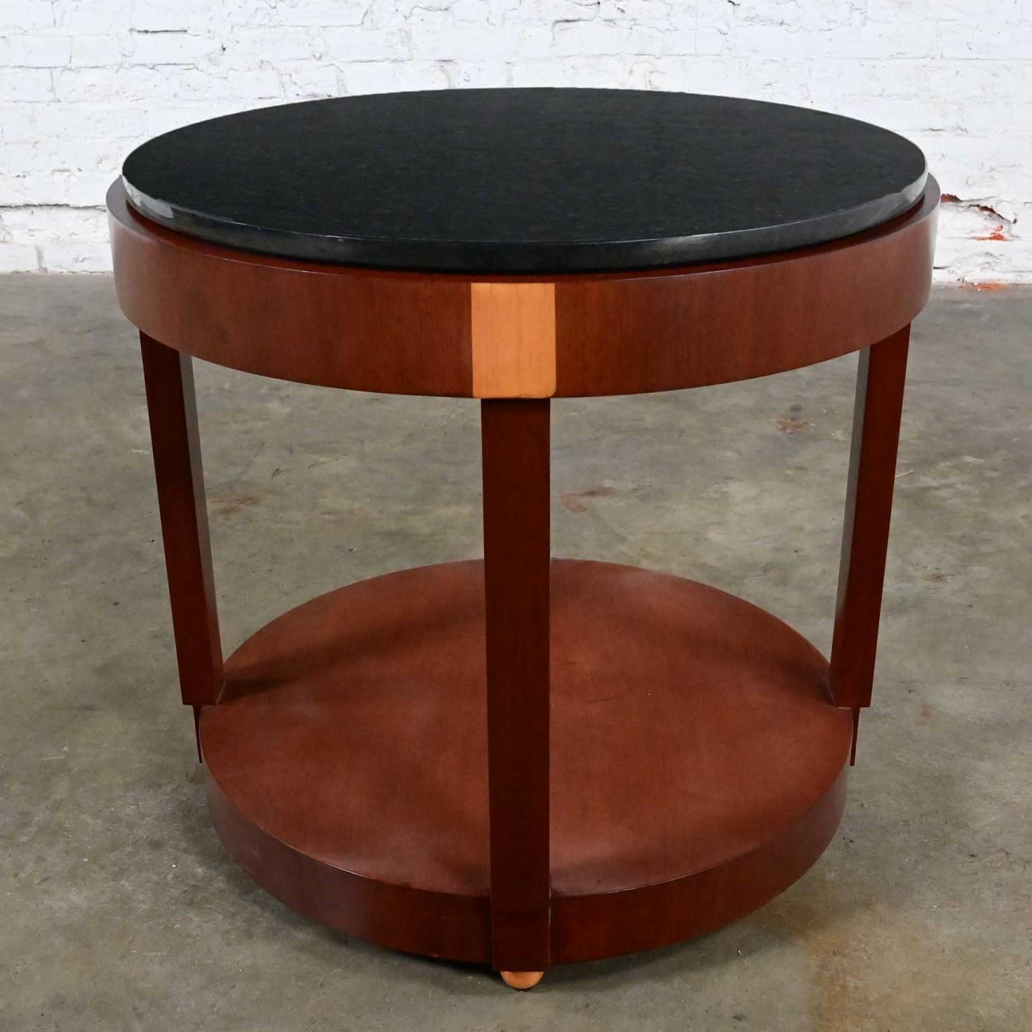 Art Deco Revival Custom Two Toned Mahogany Round Side Table Black Granite Top For Sale 7
