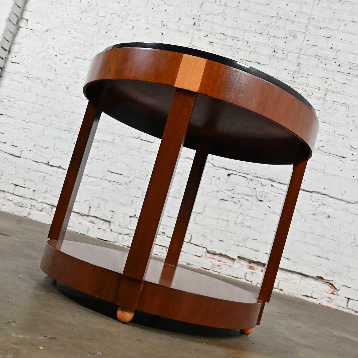 Art Deco Revival Custom Two Toned Mahogany Round Side Table Black Granite Top For Sale 8