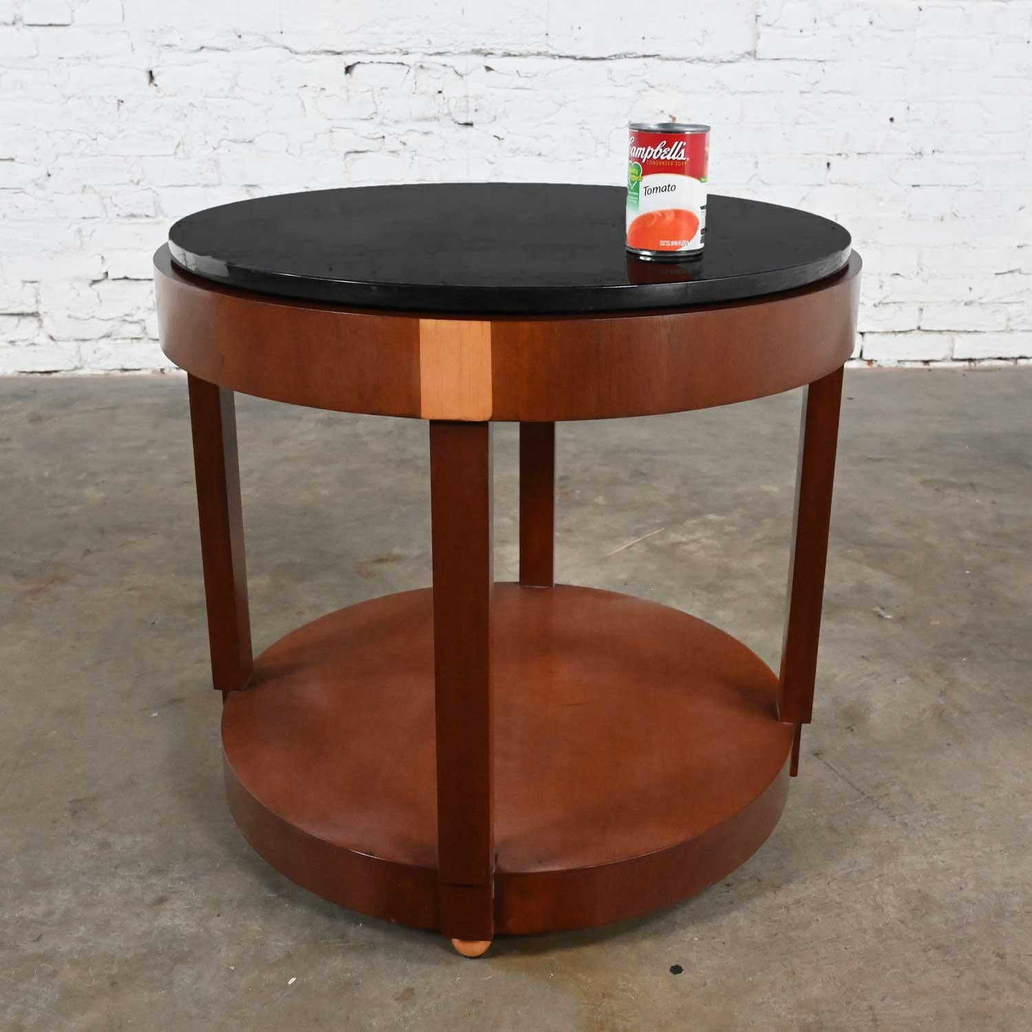 Art Deco Revival Custom Two Toned Mahogany Round Side Table Black Granite Top For Sale 9