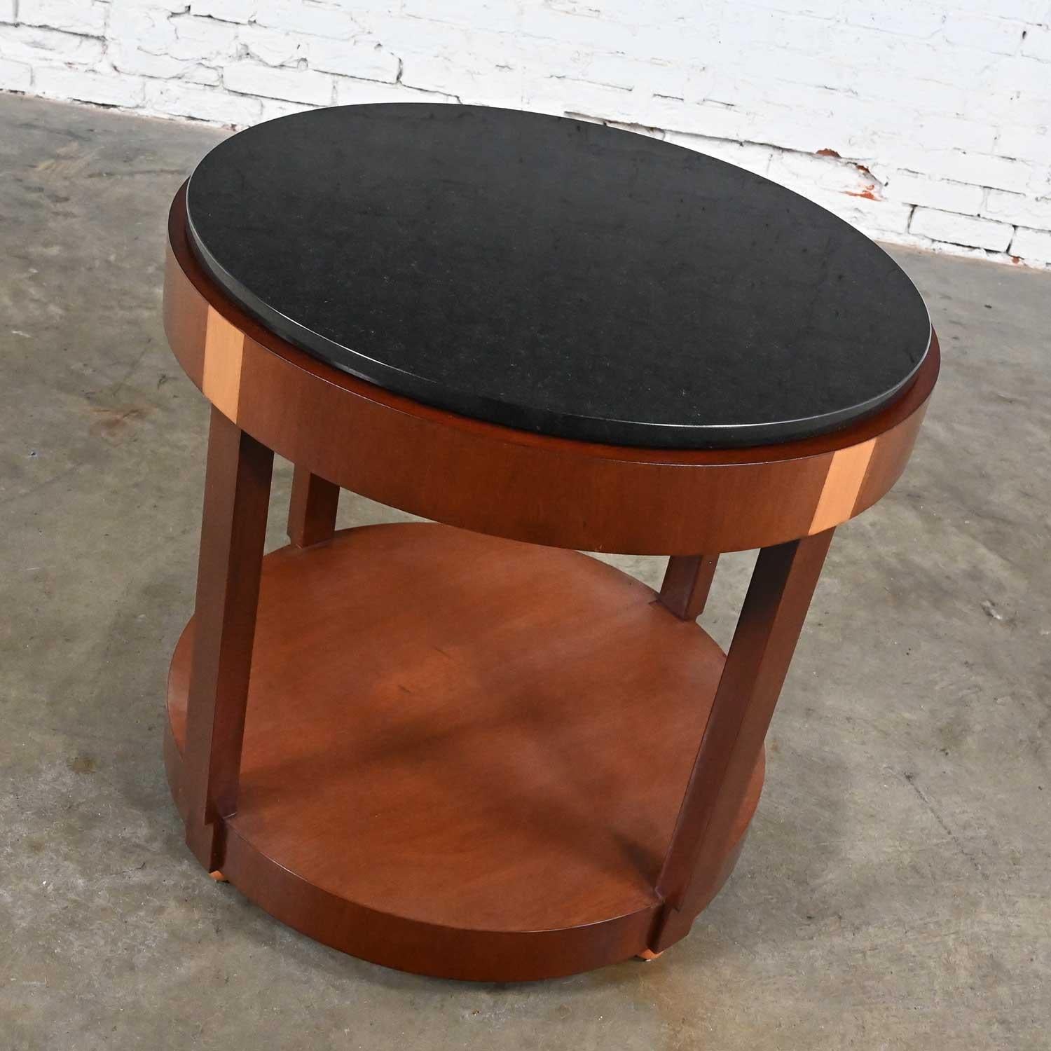 Art Deco Revival Custom Two Toned Mahogany Round Side Table Black Granite Top For Sale 10