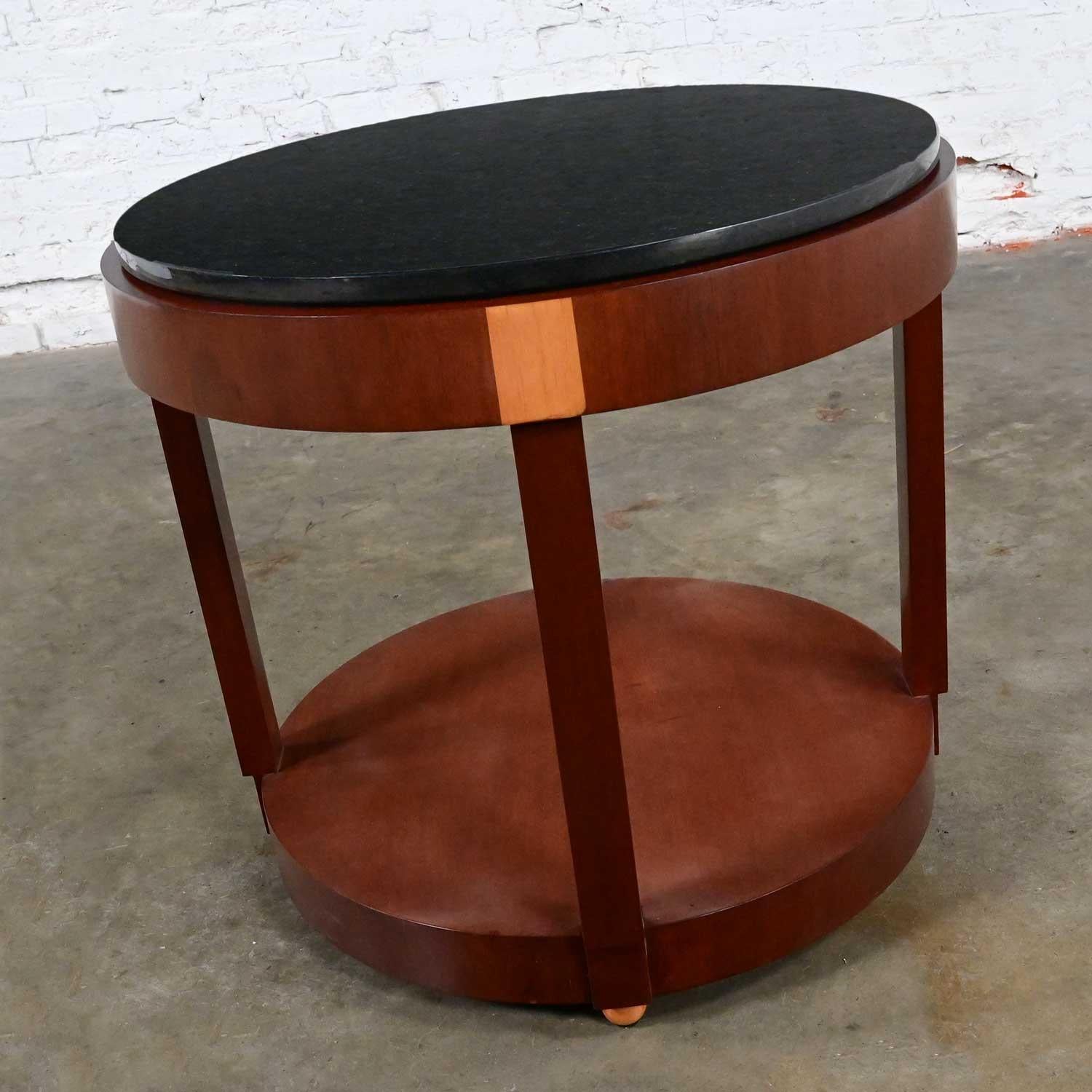 American Art Deco Revival Custom Two Toned Mahogany Round Side Table Black Granite Top For Sale