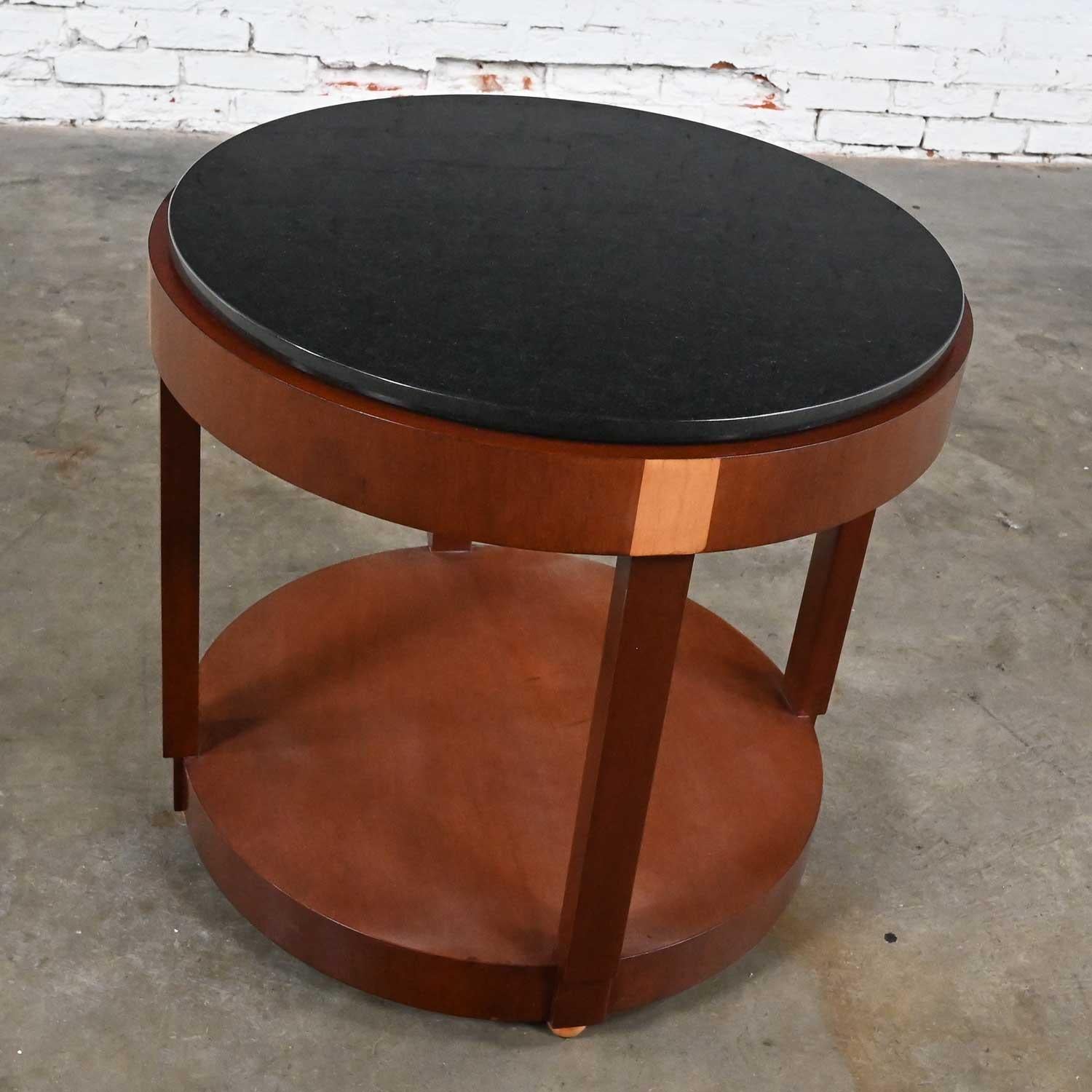 20th Century Art Deco Revival Custom Two Toned Mahogany Round Side Table Black Granite Top For Sale