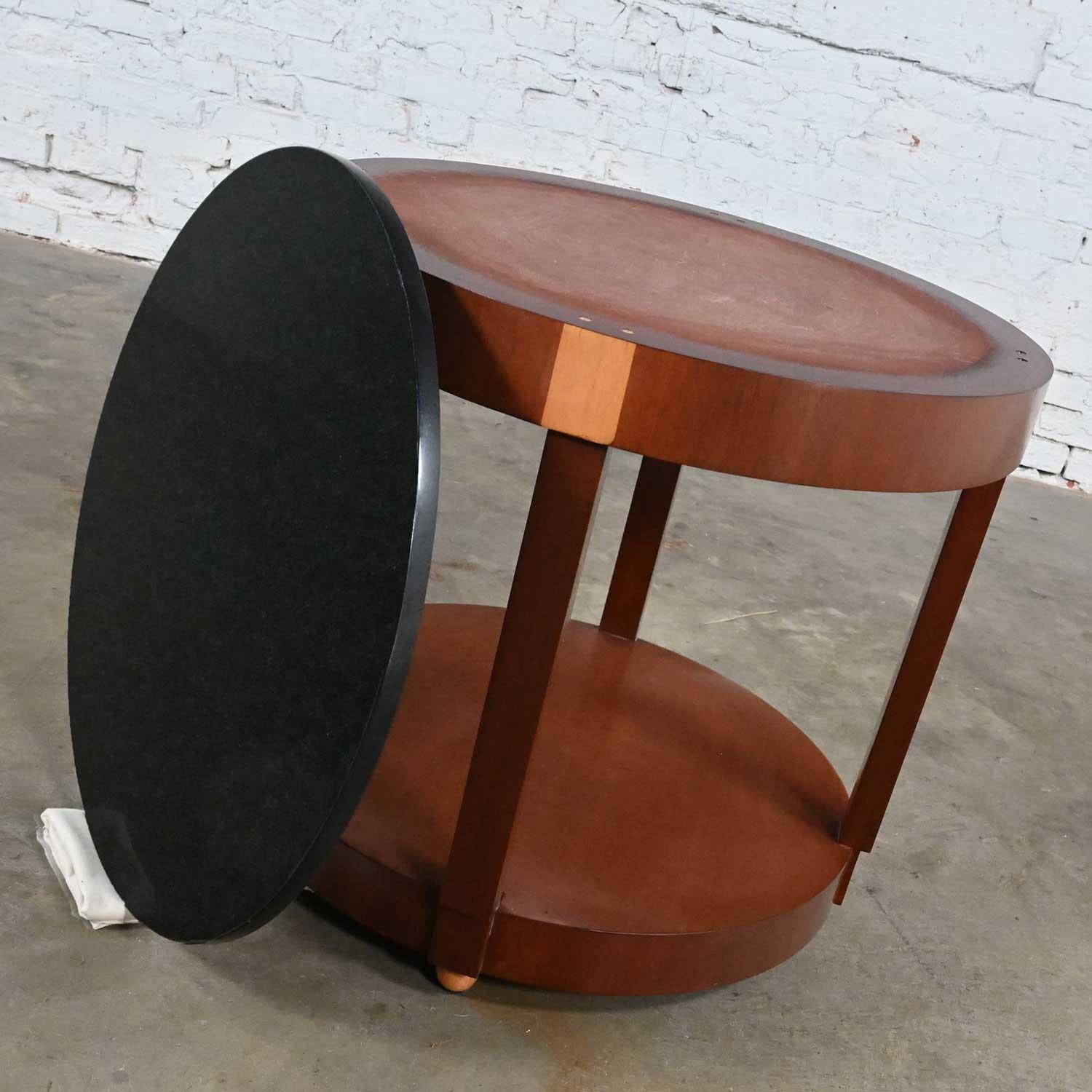Art Deco Revival Custom Two Toned Mahogany Round Side Table Black Granite Top For Sale 2