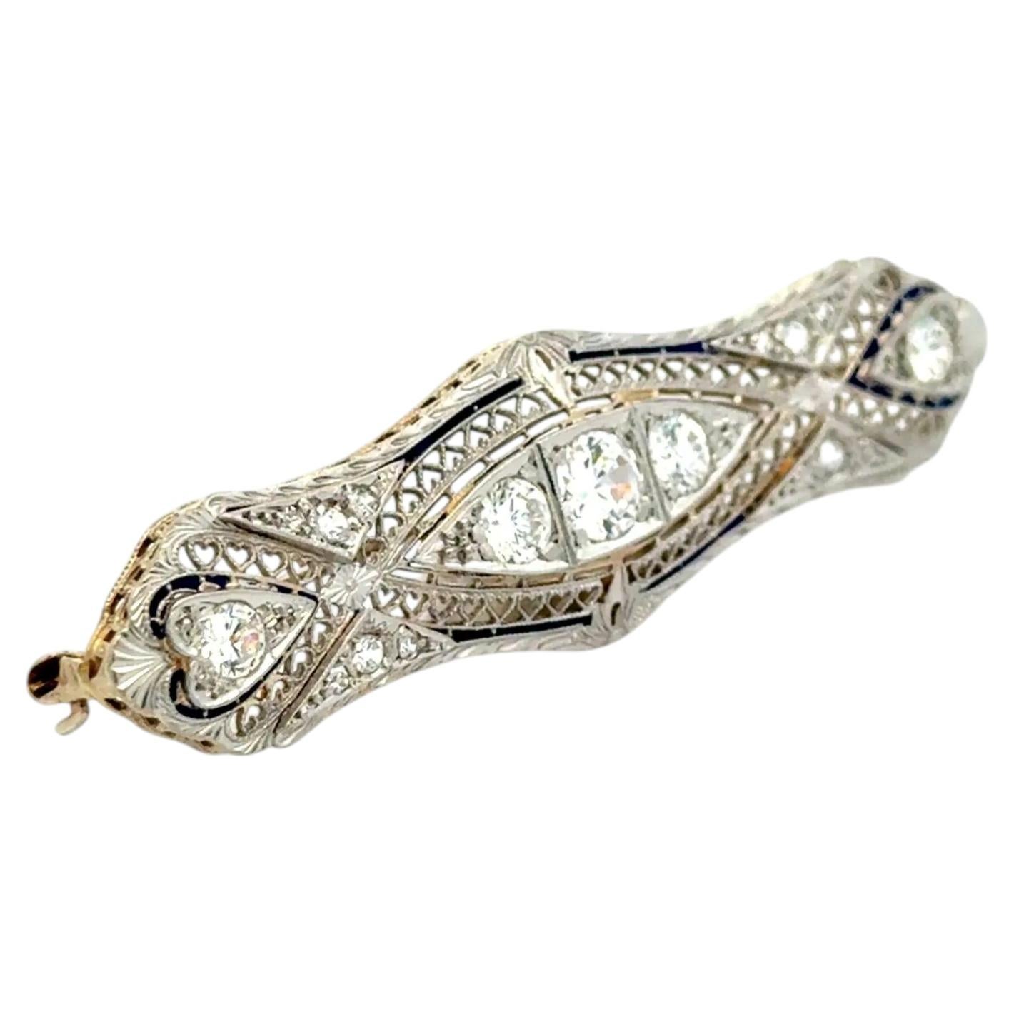 Art Deco Revival Diamond and Enamel Gold Vintage 1960s Bar Brooch Pin