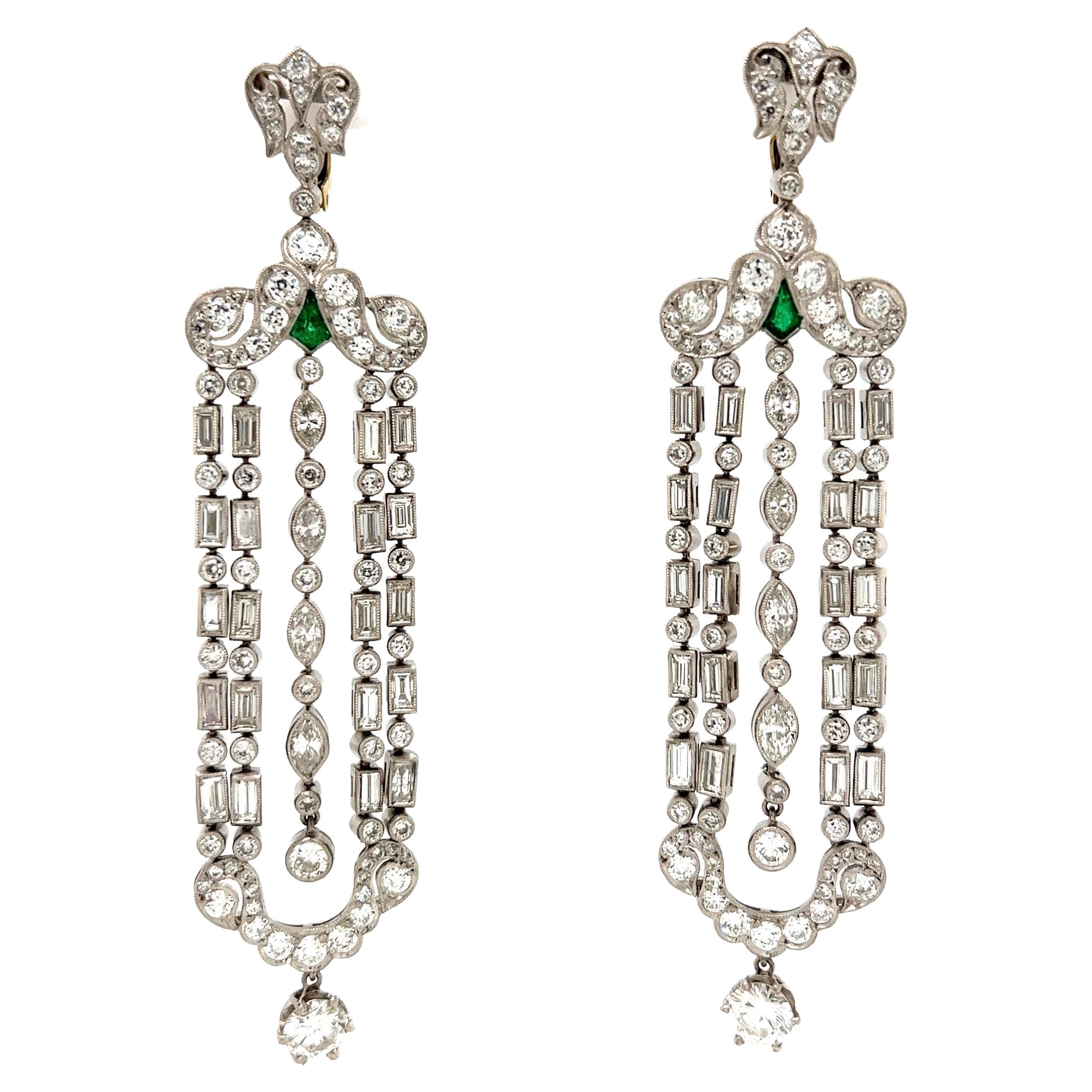 ART DECO Emerald And Diamond Platinum Drop Pendant Earrings at 1stDibs