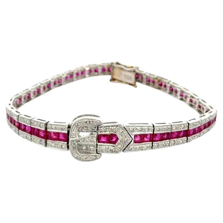 Art Deco Revival Diamant- und Rubin-Goldschnalle-Armband