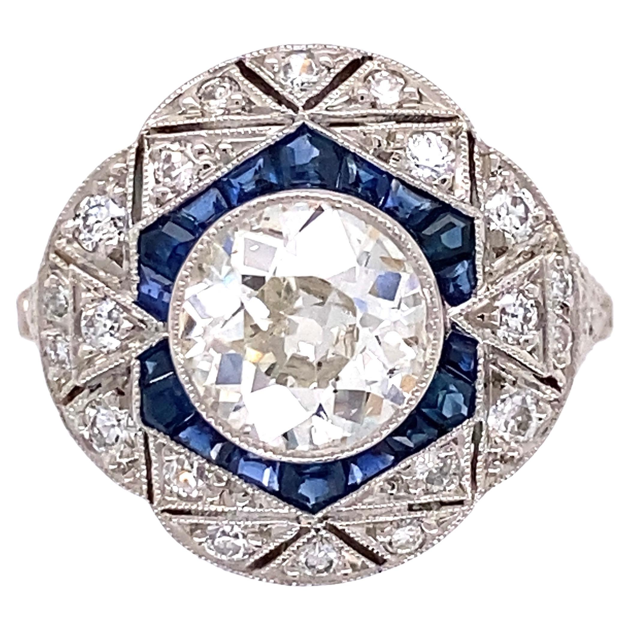 Art Deco Revival Diamond and Sapphire Platinum Ring Estate Fine Jewelry