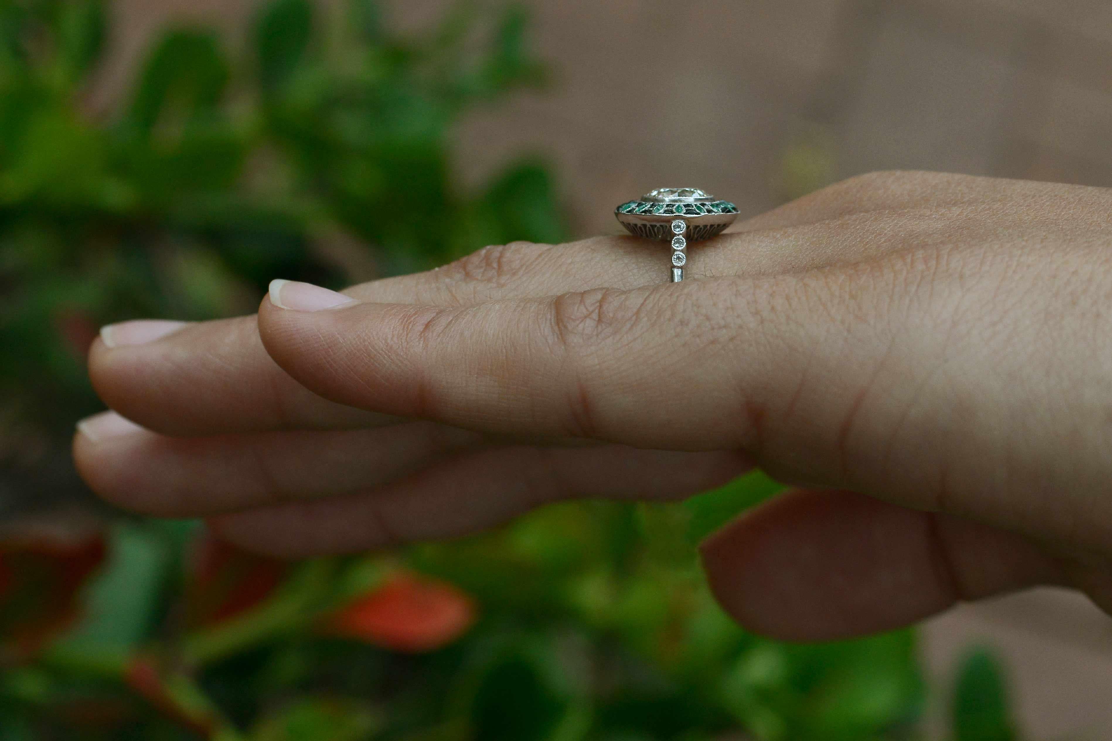 Art Deco Style Diamond Emerald Engagement Ring Old European Cut 1.40 Carat In New Condition In Santa Barbara, CA