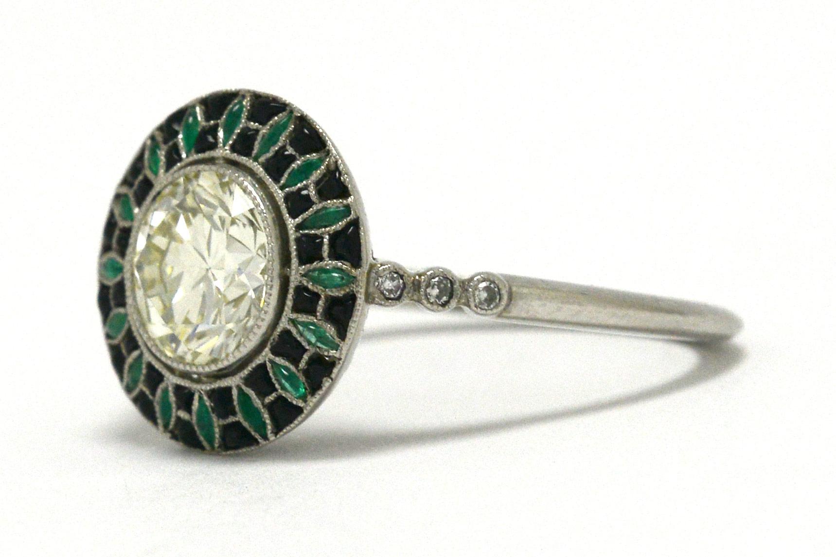 Women's Art Deco Style Diamond Emerald Engagement Ring Old European Cut 1.40 Carat