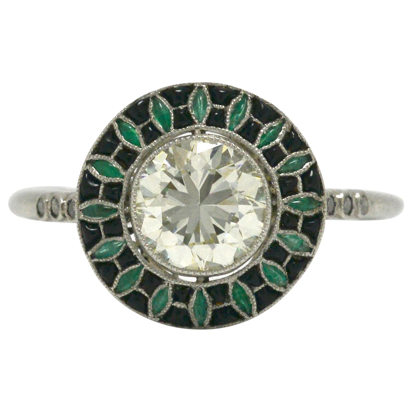 Art Deco Style Diamond Emerald Engagement Ring Old European Cut 1.40 Carat