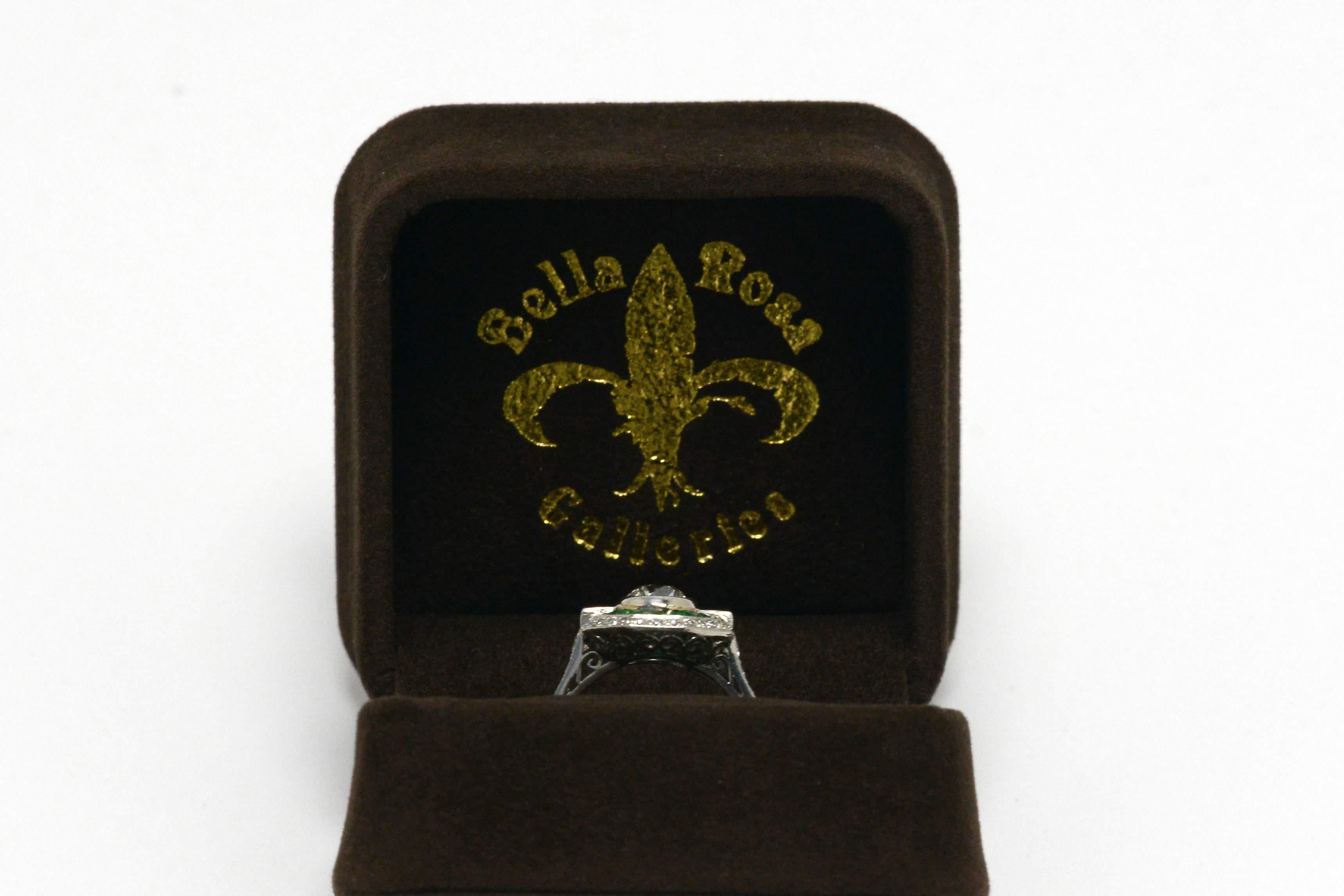 Round Cut Art Deco Style Diamond Emerald Halo Engagement Ring Geometric Octagon Platinum