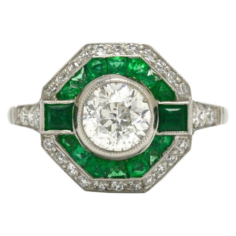 Art Deco Style Diamond Emerald Halo Engagement Ring Geometric Octagon Platinum For Sale at 1stDibs
