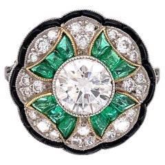 Art Deco Revival Diamond Emerald Onyx Platinum Ring Estate Fine Jewelry