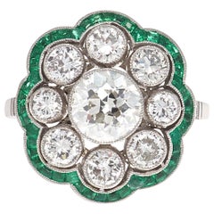 Vintage Art Deco Revival Diamond Emerald Platinum Cluster Ring