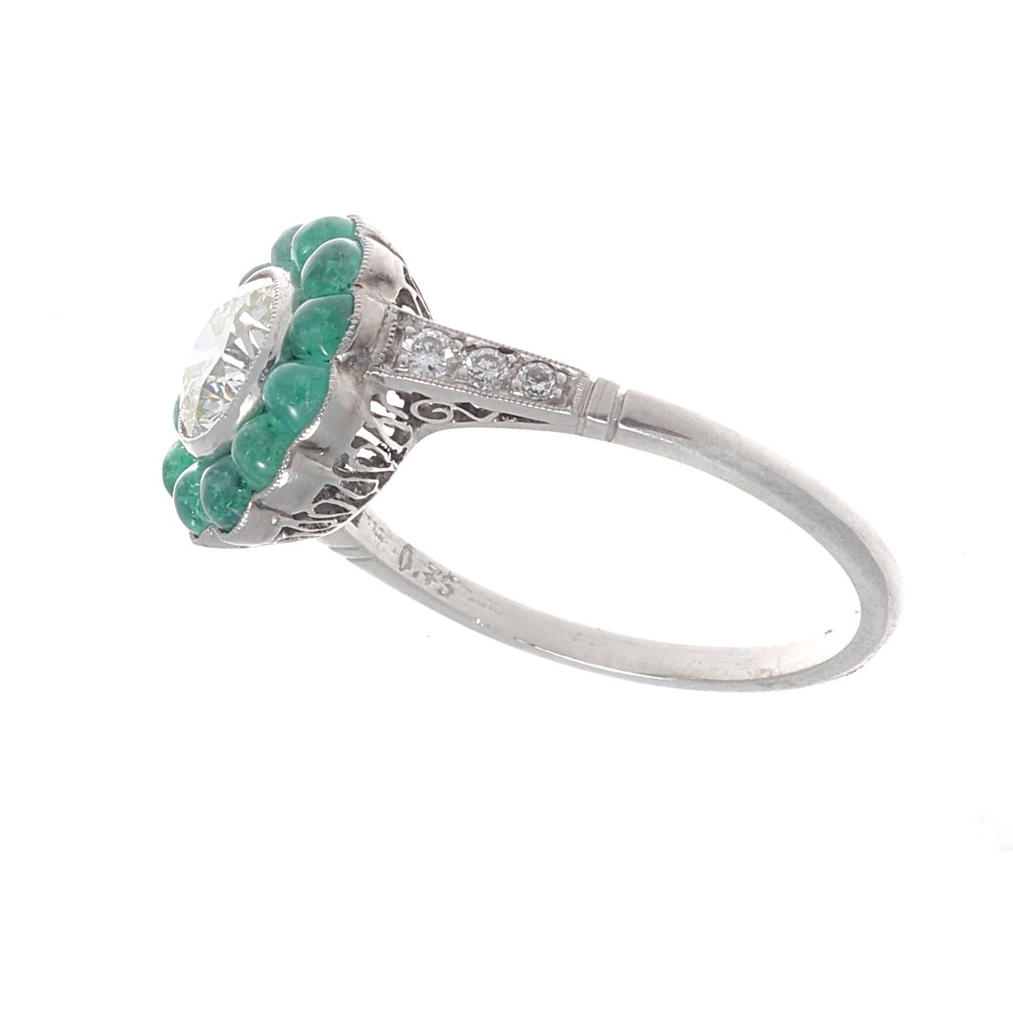 Round Cut Art Deco Style Diamond Emerald Platinum Engagement Ring