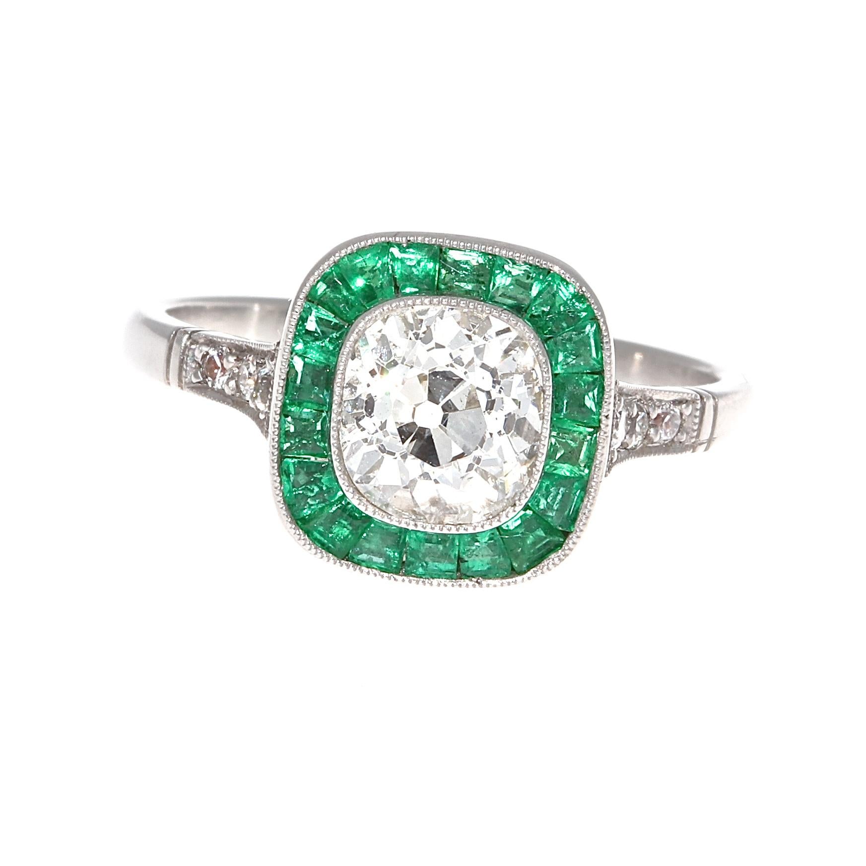 Old Mine Cut Art Deco Style Diamond Emerald Platinum Engagement Ring