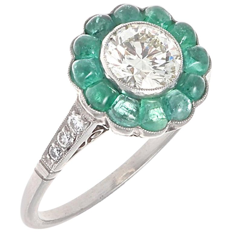 Art Deco Style Diamond Emerald Platinum Engagement Ring