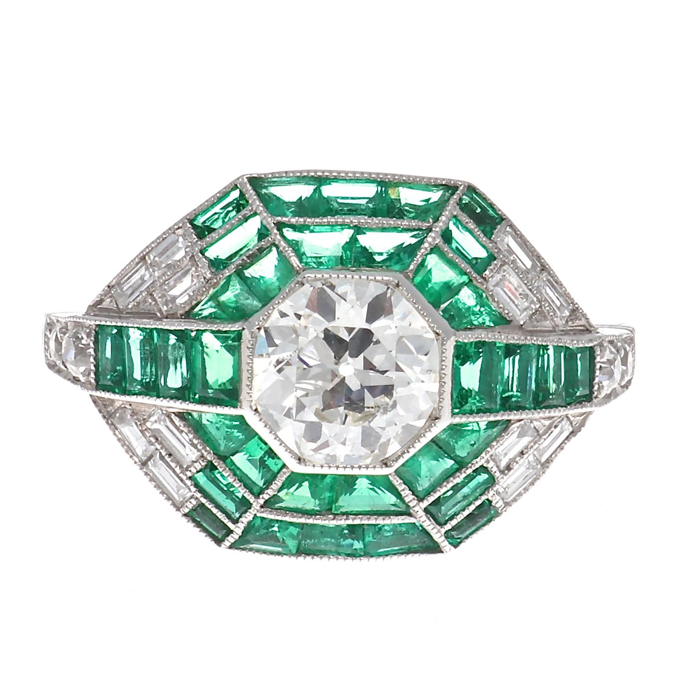 Round Cut Art Deco Style Diamond Emerald Platinum Ring