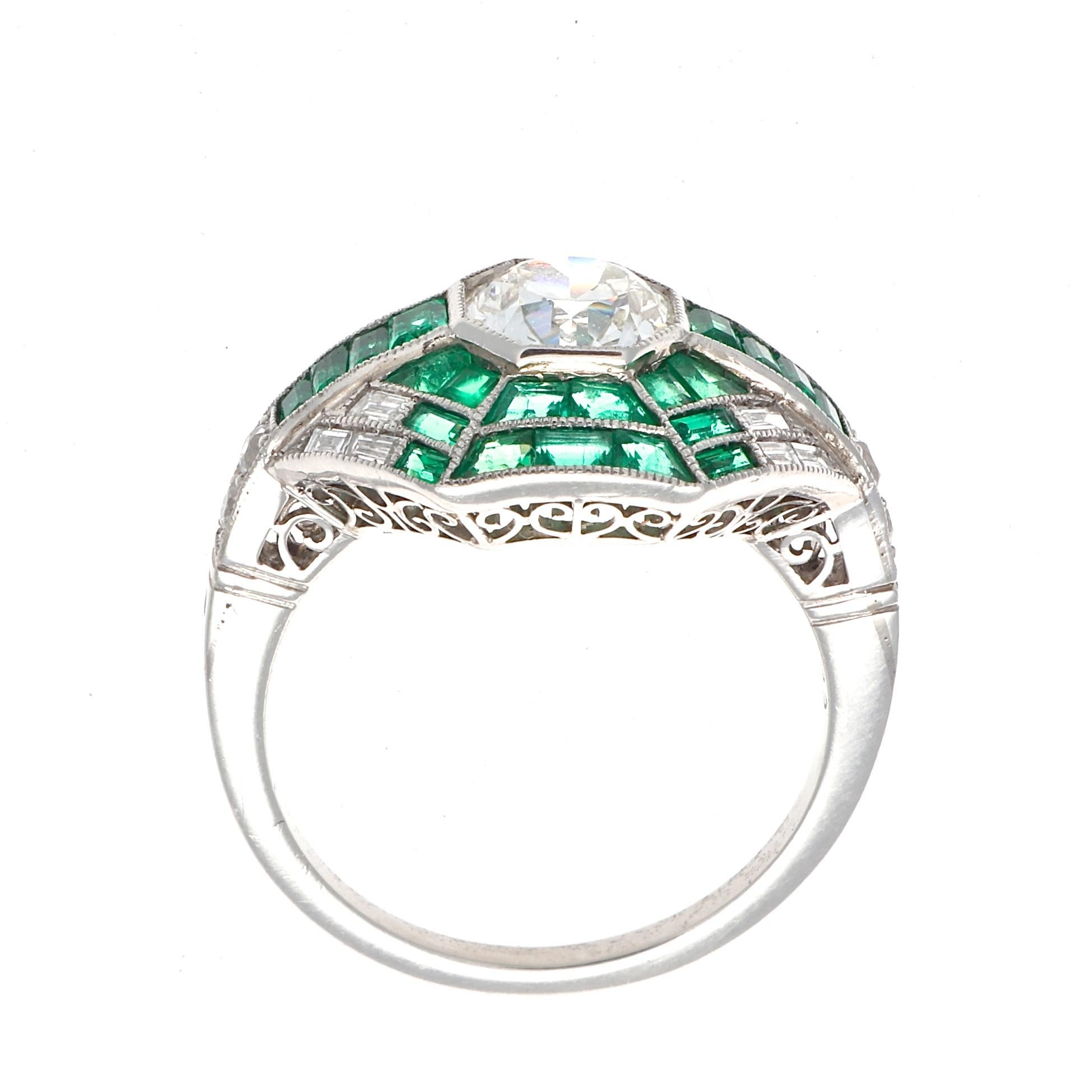 Women's Art Deco Style Diamond Emerald Platinum Ring