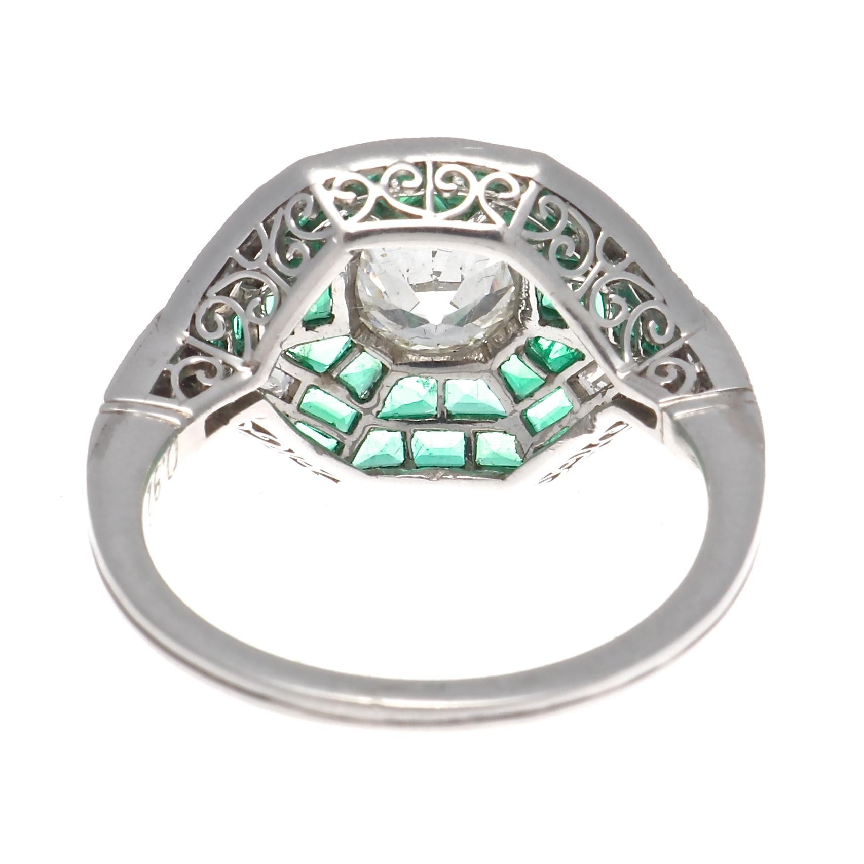 Art Deco Style Diamond Emerald Platinum Ring 1