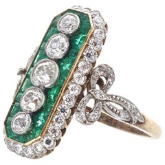 Art Deco Revival Diamond Emerald Platinum Ring