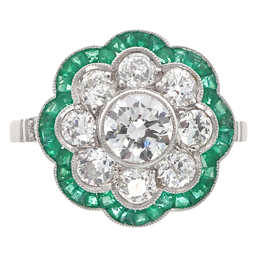 Art Deco Revival Round Cut Diamond Emerald Platinum Ring